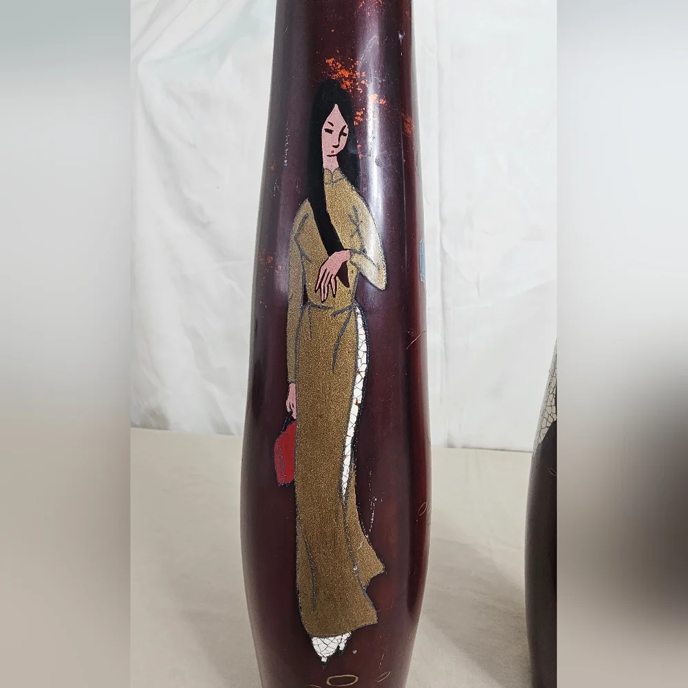 Vintage Vietnam Handicraft Lacquerware Vases Set of 2 Ao Dai Eggshell Inlay Arts